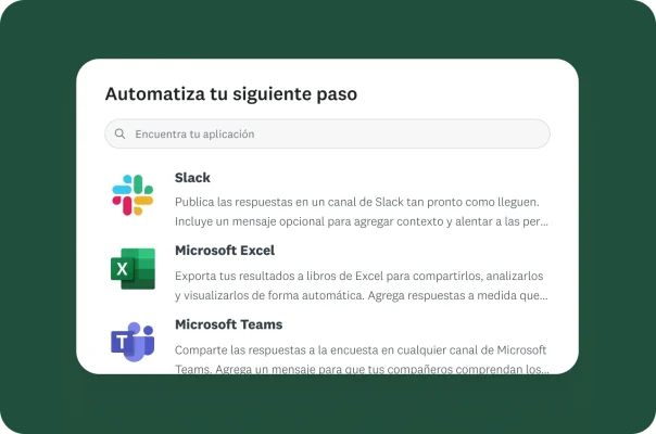 Un menú que muestra opciones para automatizar las respuestas de encuestas en Slack, Microsoft Excel y Microsoft Teams.
