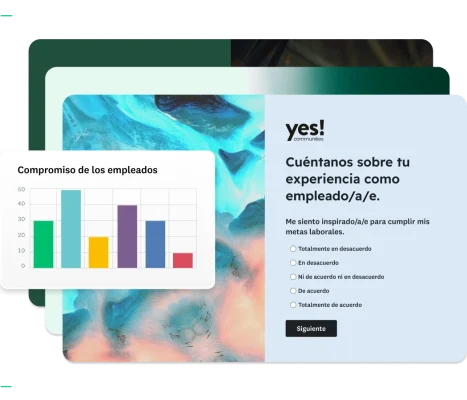 Panel de control de una encuesta que muestra una gráfica y una encuesta sobre experiencia de los empleados.