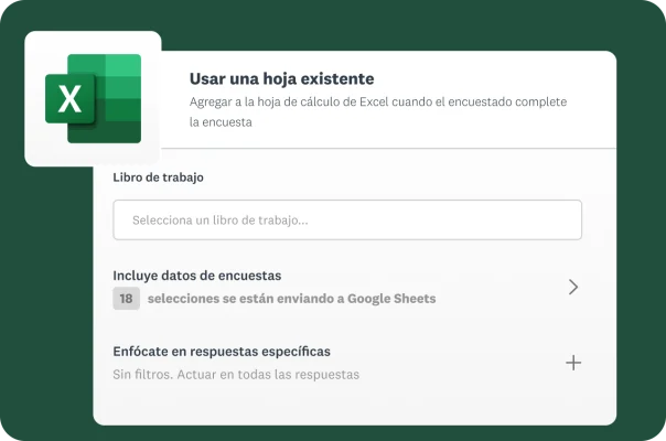 Una pantalla con la opción de conectar las respuestas de la encuesta a una hoja de Microsoft Excel existente.
