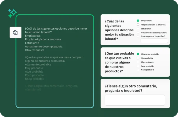 A la izquierda, se muestra un bloque de preguntas de encuesta pegadas sin procesar y a la derecha, la plataforma las está formateando automáticamente en preguntas de encuesta interactivas.