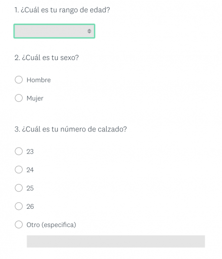 Tres tipos de preguntas: menú desplegable, dicotómica y opción múltiple