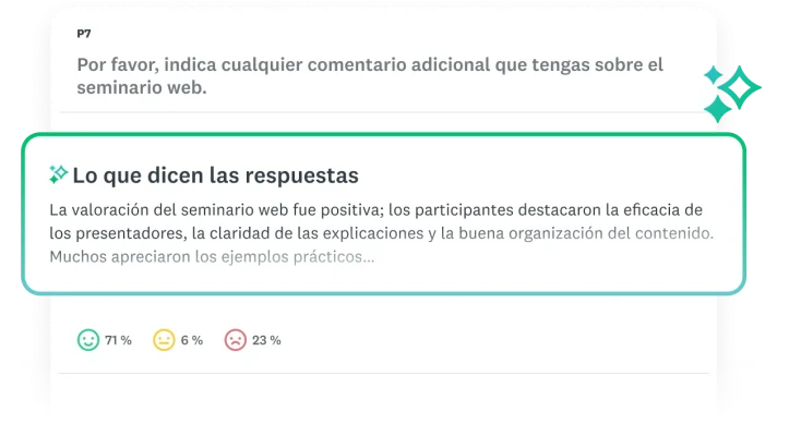 Ventana Lo que dicen las respuestas, con un resumen del análisis temático de una pregunta de encuesta