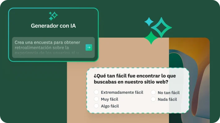 Captura de pantalla del Generador con IA con indicaciones para crear una encuesta para recopilar comentarios sobre la experiencia de los usuarios de un sitio web, junto a la pregunta de encuesta: “¿Qué tan fácil fue encontrar lo que buscabas en nuestro sitio web?”
