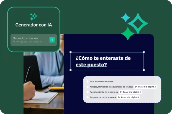 Imagen de una persona que completa un formulario. Se pueden ver indicaciones de IA y una pregunta de muestra: “¿Cómo te enteraste de este puesto?” con respuestas de opción múltiple.