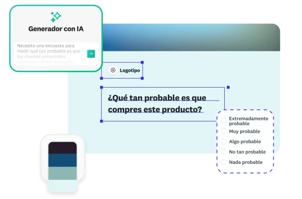 Indicaciones para el Generador con IA que dicen “Necesito una encuesta para medir qué tan probable es que los clientes potenciales compren nuestro producto...”, junto a la pregunta de encuesta “¿Qué tan probable es que compres este producto?”