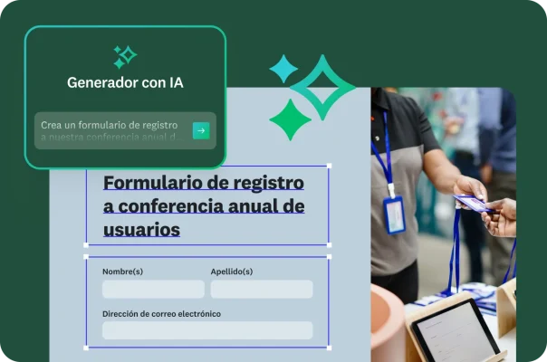 Una persona que completa un formulario de registro a una conferencia anual de usuarios junto a una ventana emergente que muestra indicaciones de IA.
