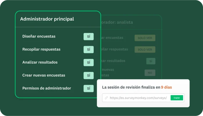Captura de pantalla de las herramientas del administrador del equipo en SurveyMonkey, que muestra que el administrador principal puede realizar ciertas acciones y que una sesión de revisión de una encuesta finaliza en 9 días.