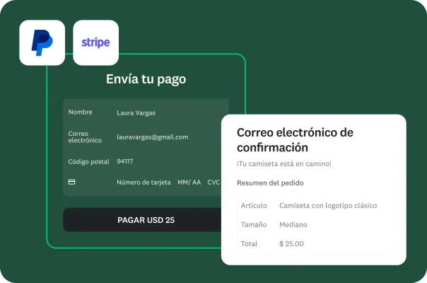 Interfaz para pagar integrada con PayPal y Stripe, con mensaje de confirmación del pedido