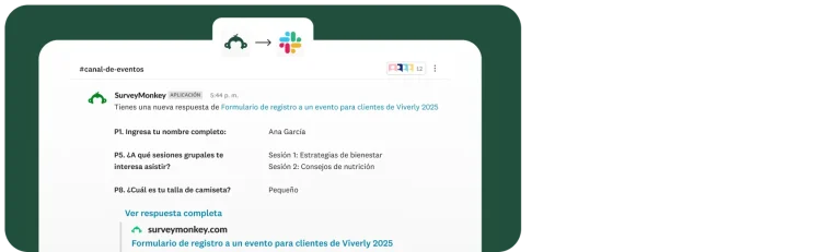 Una notificación de Slack de SurveyMonkey en un "#canal-de-eventos" que muestra un nuevo registro al "Evento para clientes de Viverly 2025". En la notificación se detalla el nombre del asistente, las sesiones de trabajo seleccionadas y la talla de la camiseta.