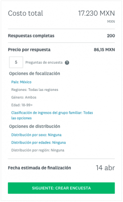 Costo total de proyecto en SurveyMonkey Audience