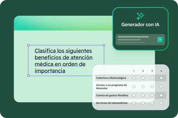 En un formulario se muestra una pregunta de encuesta que pide a los encuestados clasificar prestaciones de atención médica en orden de importancia, con una lista de opciones como: cobertura oftalmológica, acceso a un programa de bienestar, cuenta de gastos flexible y servicios de telemedicina. En la esquina se muestra una herramienta de creación impulsada por IA.