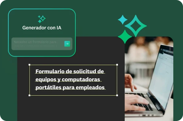 Indicaciones para que el Generador con IA cree un formulario que los empleados deben completar para solicitar equipos de cómputo, junto a una computadora portátil y una plantilla de formulario para solicitud de equipos