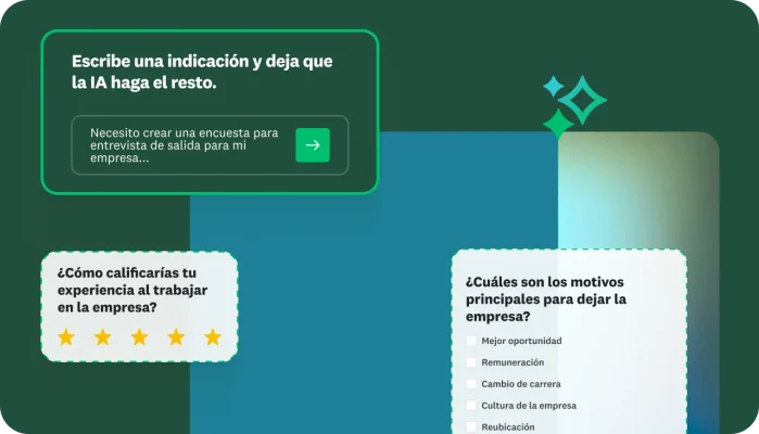 Cuadro de texto que indica al usuario que escriba una indicación y deje que la IA haga el resto para crear una encuesta, junto a dos preguntas de encuesta: “¿Cómo calificarías tu experiencia laboral en la empresa?” y “¿Cuáles son los motivos principales para dejar la empresa?”