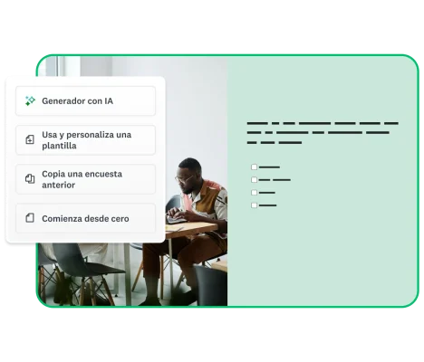 Captura de pantalla de una plantilla de encuesta, con opciones del Generador con IA, usar y personalizar una plantilla, copiar una encuesta anterior o comenzar desde cero