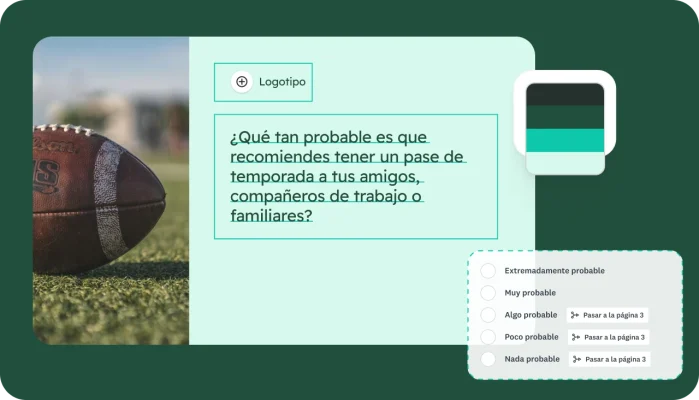 Pantalla de creación de encuestas, que muestra la capacidad de personalizar una encuesta con lógicas de ramificación y la capacidad de saltar a diferentes preguntas según la respuesta elegida