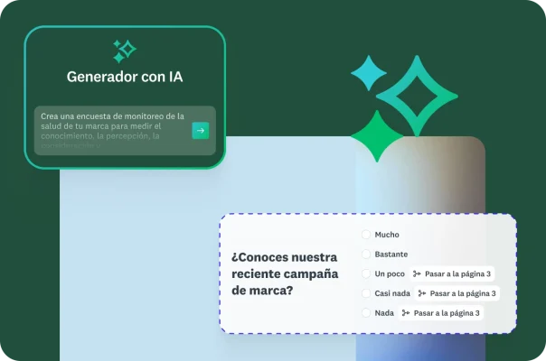 Indicaciones para el generador con IA para crear una encuesta de monitoreo del estado de la marca con el objetivo de medir el conocimiento, junto a una pregunta de encuesta para saber si el usuario conoce la campaña reciente de la marca de la empresa
