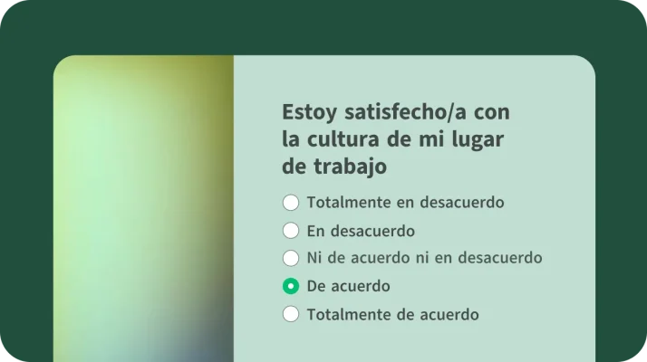 Plantilla de encuesta de percepciones rápidas sobre la cultura organizacional con una pregunta para evaluar la satisfacción de los empleados con la cultura de la empresa mediante una escala Likert de 5 puntos.
