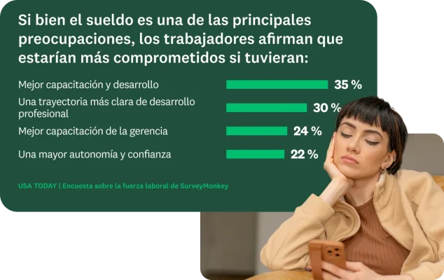 Mujer revisa resultados de encuesta sobre compromiso laboral en su teléfono