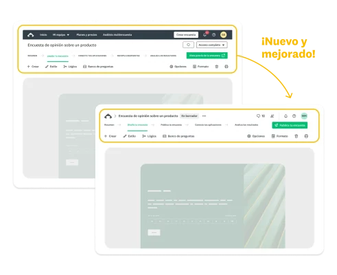 Dos capturas de pantalla de SurveyMonkey que muestran las nuevas mejoras al comparar la navegación antigua con la nueva