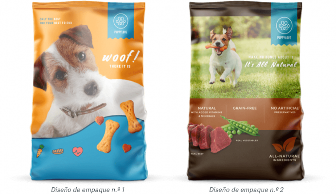 Comparación de dos diseños de empaquetado de alimento para perros.