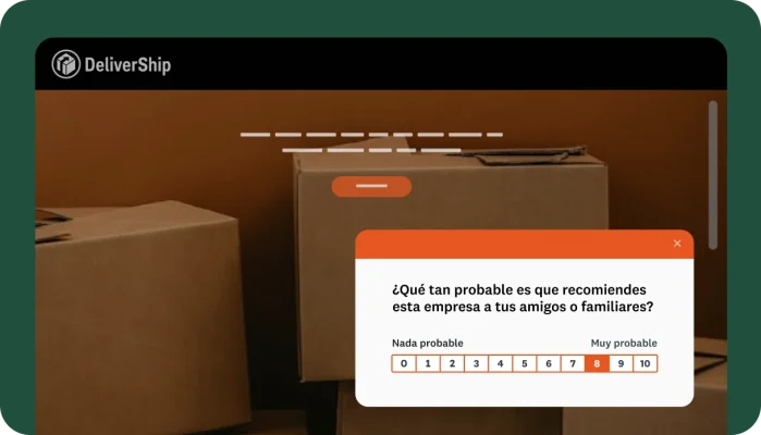Una vista de un sitio web de cajas de cartón con una ventana emergente que muestra una encuesta de NPS de DeliverShip para saber si el usuario recomendaría la empresa.