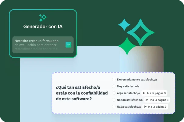 Una pregunta de encuesta sobre la confiabilidad de un software con una lógica de exclusión condicional e indicaciones para la IA.