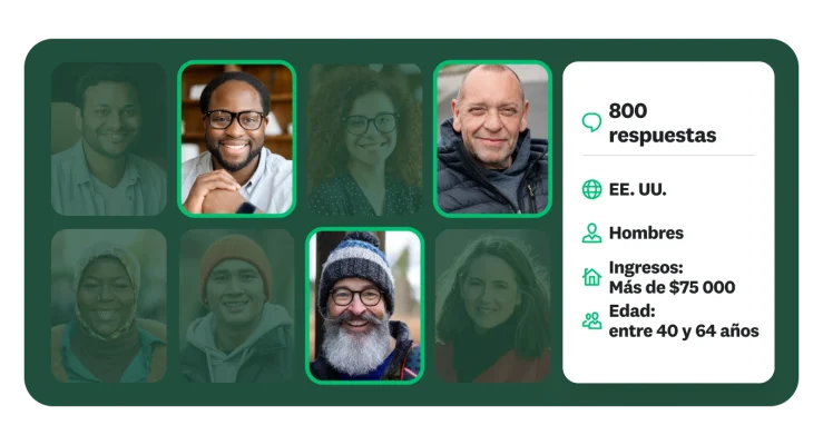 Una cuadrícula de fotografías de cara de diversas personas. De lado derecho se muestra un panel de datos que indica que la encuesta ha recibido 800 respuestas e información demográfica como ubicación, sexo, ingresos y rango de edad.