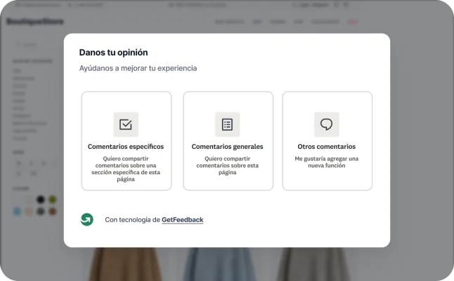 Ventana emergente de comentarios sobre el sitio web de GetFeedback, para que los visitantes dejen comentarios específicos o generales y realicen otras solicitudes