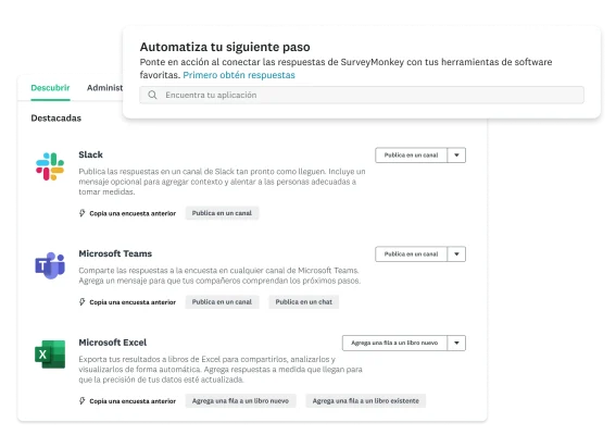 Captura de pantalla de las aplicaciones de Slack, Microsoft Teams y Excel para SurveyMonkey.