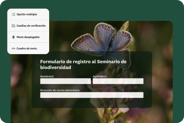 Un formulario de inscripción a un seminario de biodiversidad con campos para el nombre y la dirección de correo electrónico. A la izquierda se muestra un menú con diferentes tipos de preguntas: de opción múltiple, casillas de verificación, menú desplegable y cuadro de texto.