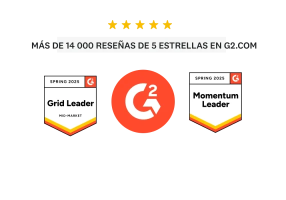 Más de 14 000 reseñas de 5 estrellas en G2.com e insignias que demuestran que SurveyMonkey fue nombrado líder de Grid en la primavera de 2025 para empresas medianas y líder de Momentum