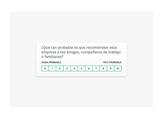 Captura de pantalla de un ejemplo de pregunta de NPS, que solicita una calificación del 1 al 10