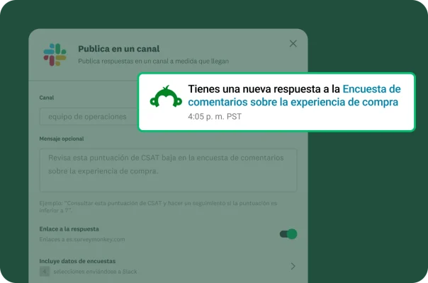 Captura de pantalla de una alerta que indica: “Tienes una nueva respuesta a la Encuesta de comentarios sobre la experiencia de compra”.