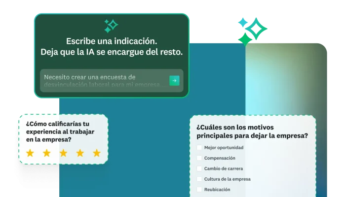 Varias ventanas modales que muestran preguntas de encuestas y la posibilidad de usar la IA para escribir indicaciones y generar una encuesta