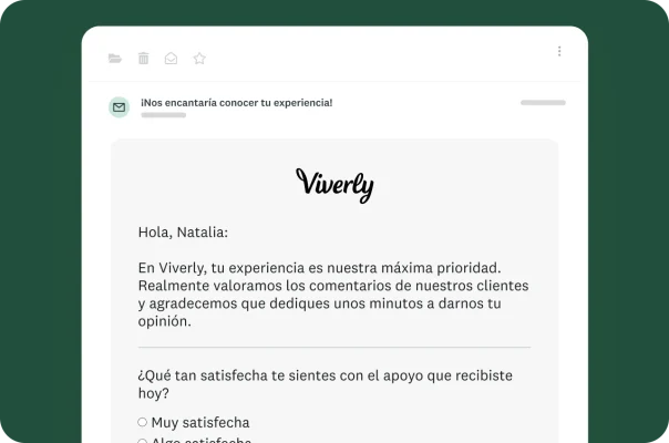 Correo electrónico donde se pide al usuario que comparta su opinión y responda una encuesta