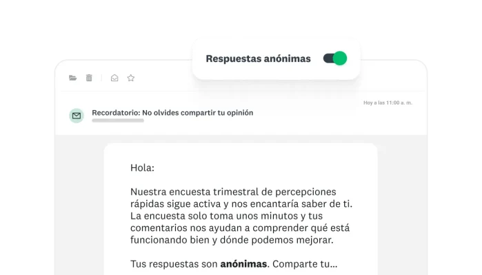 Mensaje que solicita a los empleados que llenen una encuesta de percepciones rápidas por trimestre, con las respuestas anónimas activadas