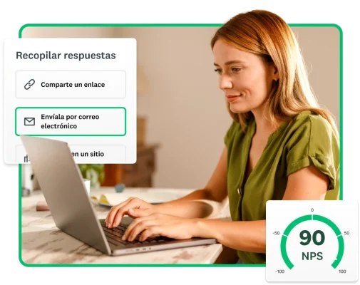 Mujer escribiendo en una computadora portátil junto a una puntuación de NPS de 90 y la captura de pantalla del correo electrónico de la encuesta enviado mediante SurveyMonkey