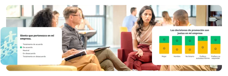 Cuatro personas sentadas en círculo y conversando, junto a una pregunta de encuesta que indica: “Siento que pertenezco en mi empresa”, y una gráfica de barras que muestra los resultados de la pregunta “Las decisiones de promoción son justas en mi empresa”.