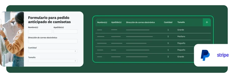 Formulario para pedido de camisetas creado con SurveyMonkey integrado con PayPal y Stripe