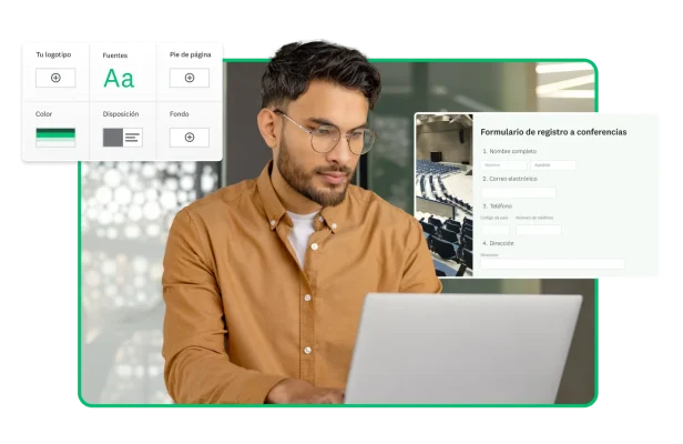 Hombre trabajando en una computadora, junto a una captura de pantalla de un formulario de registro en una conferencia