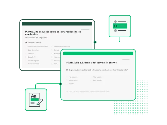 Capturas de pantalla de la plantilla de encuesta de SurveyMonkey sobre compromiso de los empleados y de la plantilla de encuesta de comentarios sobre la atención al cliente