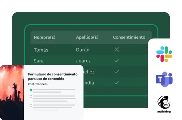 Captura de pantalla de un Formulario de consentimiento para uso de contenido y una tabla con nombres y estados del consentimiento. Los logotipos de Slack, Teams y Mailchimp están en la parte inferior derecha.