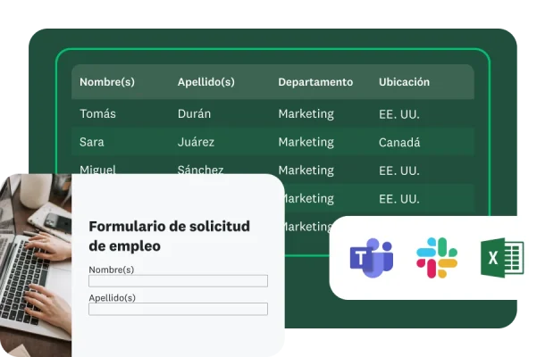 Captura de pantalla de un Formulario de solicitud de empleo junto a una tabla que incluye los nombres de los solicitantes, los departamentos y sus ubicaciones. A continuación aparecen los logotipos de Microsoft Teams, Slack y Excel.
