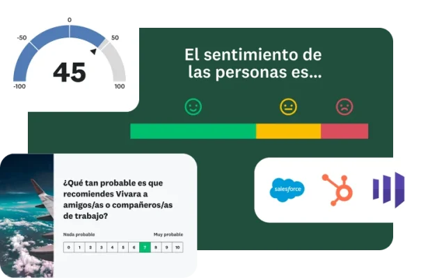 Pregunta de encuesta que indica: “¿Qué tan probable es que recomiendes Vivara a amigos/as o compañeros/as de trabajo?”, junto a una gráfica de barras que muestra cómo se sienten las personas y una puntuación de NPS® de 45.