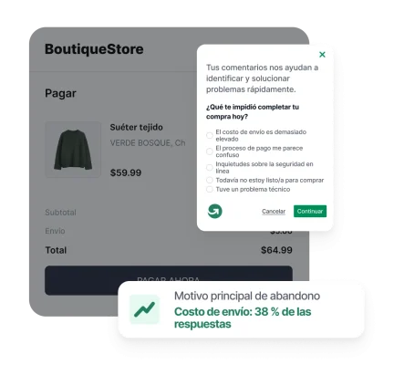 Encuesta de GetFeedback sobre el abandono de carritos en la página de pago de un sitio de comercio electrónico. Se destacan los gastos de envío como la principal causa de abandono (38 %).