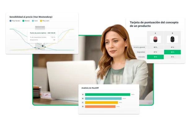 Mujer trabajando en una computadora portátil, junto a capturas de pantalla de la tarjeta de puntuación de productos, la gráfica de sensibilidad al precio y el análisis de MaxDiff