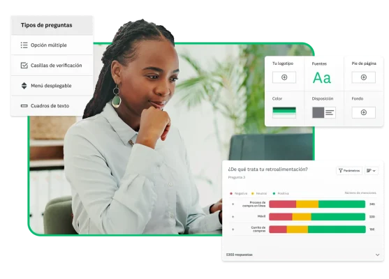 Mujer trabajando en una computadora portátil, junto a capturas de pantalla de varias funciones de SurveyMonkey, como las herramientas de personalización de encuestas y la selección de tipos de pregunta