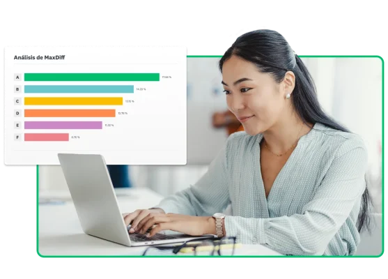 Una mujer escribe en una computadora portátil, junto a una captura de pantalla de una gráfica de barras que muestra los resultados de un análisis de MaxDiff.