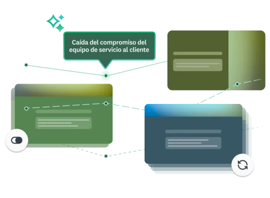 Líneas que conectan encuestas, con percepciones que indican una disminución en el compromiso del equipo de atención al cliente