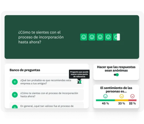 Pregunta de encuesta que plantea “¿Cómo te sientes con el proceso de incorporación hasta ahora?”, con un banco de preguntas al lado que sugiere preguntas relacionadas y la opción activada de hacer que las respuestas sean anónimas